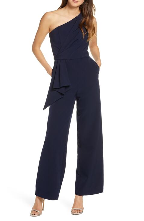Eliza J Pants - Eliza One Shoulder Navy Blue Jumpsuit Laguna Crepe Size 16